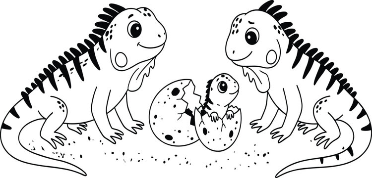 Iguana Family Illustration Featuring Cute Adult Lizards Watching a Baby Hatching from an Egg for Kids, Nature, and Wildlife Design Projects