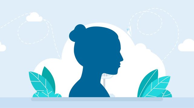 Female support operator silhouette. Customer service agent. Girl silhouette with microphone. Broadcast, broadcasting. Silhouette of woman singer singing to microphone. Side view. 2d flat animation