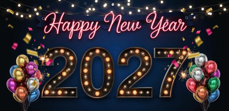 Festive 2027 celebration banner featuring glowing bulb marquee numbers, pink neon script text, and floating balloons