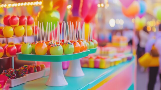 Vibrant snack counter filled with colorful candies, popcorn, and fresh apples at a festival market