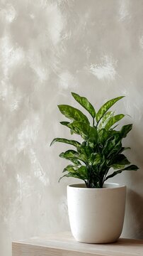 A clean, minimalistic decor with a white pot holding a vibrant green plant