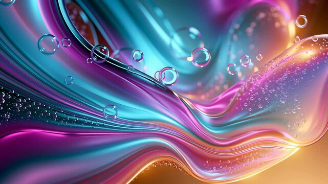 Abstract liquid shapes in a glossy iridescent material, rich colors blending from cool to warm tones, soft directional lighting highlighting fluid movement and depth