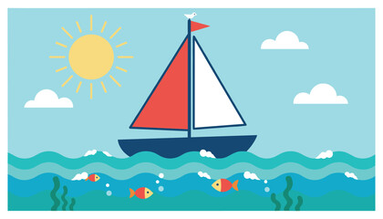 Naklejka premium Simple vector illustration shows a blue sailboat with red and white sails gliding on ocean waves under a bright sun.
