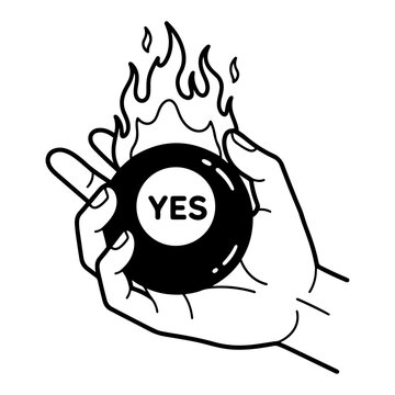 Hand Holding Magic 8 Ball with Yes Answer and Fire Flames, Fortune Telling Prediction Vector Illustration