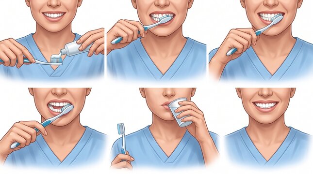 Step by step guide for correct teeth brushing technique illustration set showing oral hygiene routine