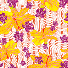Hawaiian loud flowers seamless pattern with stripes of palm leaves © AineGing