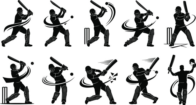Cricket Player Silhouette Collection with Batting Shots, Stroke Play, Swing Action, Celebration, and Sports Vector Illustration Set