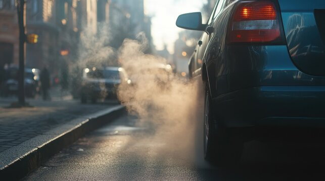 Thick exhaust smoke rising from a car tailpipe on a city street. Environmental air pollution concept