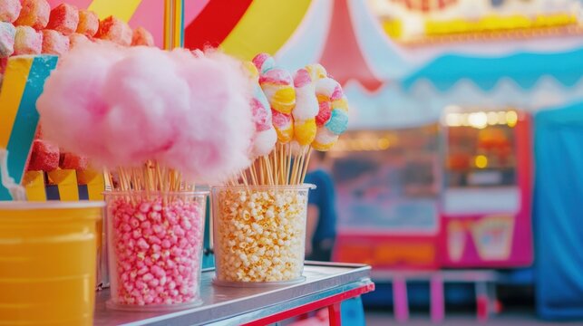 Colorful carnival food stall with sweet pink cotton candy and bright candy glazed apples