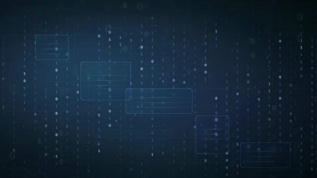 Abstract digital data stream with binary code and holographic interface elements on dark blue background
