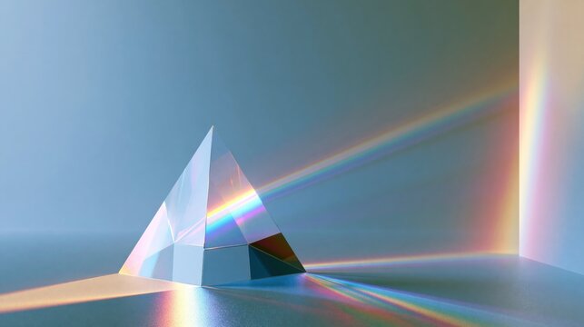 A minimal glass prism refracting a thin rainbow light beam across a wall as an elegant abstract optics and science concept