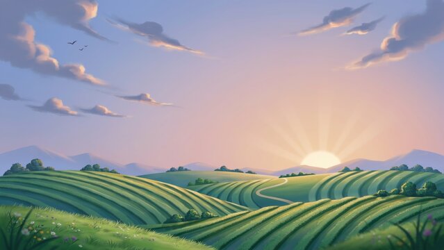 Beautiful rolling green hills landscape under a soft pastel morning sunrise sky