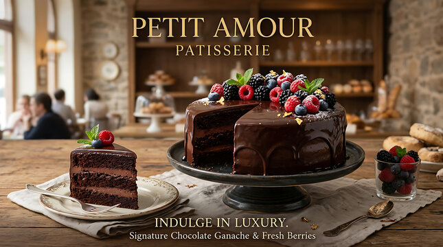 Decadent dark chocolate ganache layer cake topped with fresh raspberries blueberries and blackberries served on a rustic wooden table inside a cozy French patisserie shop