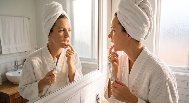 Woman examining her teeth in bathroom mirror holding a toothbrush