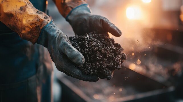 Close up of a worker's hands in protective gloves holding a large clump of dark coal or raw ore in a factory setting