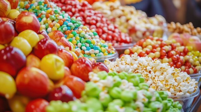 Vibrant snack counter filled with colorful candies, popcorn, and fresh apples at a festival market