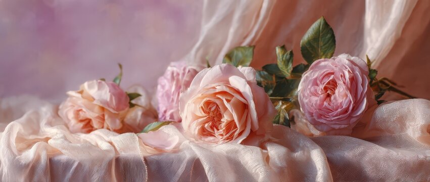 Luxurious pink roses on draped silk fabric decorative still life background with romantic feminine arrangement background aesthetic delicate glamorous anniversary lighting artistic botanical