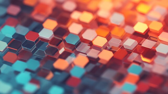Colorful hexagonal tiles with a 3D effect create a vibrant, abstract pattern blending warm and cool tones.