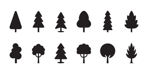 Various tree shapes silhouettes isolated on transparent background nature forest elements icons. © MSTALIMA