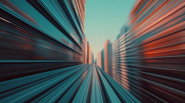 A dynamic, abstract perspective of city skyscrapers with motion blur, creating a futuristic, fast-moving urban visual effect.