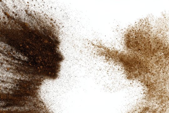 Dual profiles silhouettes formed by exploding brown soil and dark coffee powder with silhouette explosion particles abstract collision contrast background expression creative conceptual