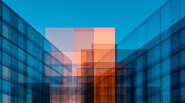 A modern architectural composition featuring overlapping transparent glass structures in blue and orange hues, creating a geometric and abstract visual effect.