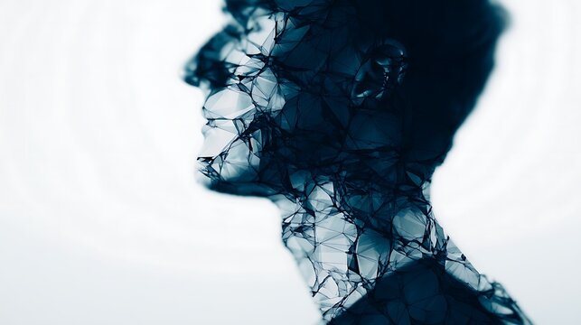 A digital fragmented portrait of a human head, blending abstract geometric lines and polygons with a dark, translucent effect.