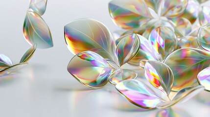 Fototapeta premium Translucent 3D glass leaf shapes scattered with soft colorful refractions as an elegant iridescent nature abstract scene