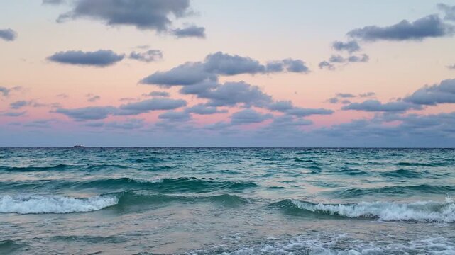 Skyscape with sea horizon. Scenic horizon view at sea nature. Romantic summer vacation view on seascape. Sea horizon view. Dramatic sky and seascape at summer vacation, 4k