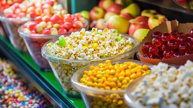 Vibrant snack counter filled with colorful candies, popcorn, and fresh apples at a festival market