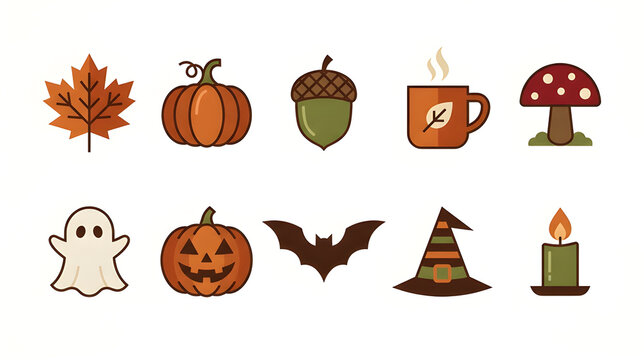 Minimalist autumn and Halloween flat icons set with pumpkin ghost and leaves vector illustration
