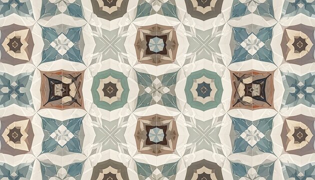 A symmetrical pattern of eight identical shapes in shades of blue, brown, and beige