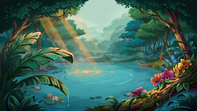 Magical forest pond with sun rays filtering through lush green canopy trees