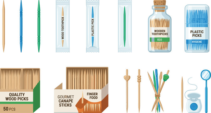 Toothpick and Dental Pick Vector Illustration Set with Wooden Skewers Dental Floss and Packaging Isolated on White Background