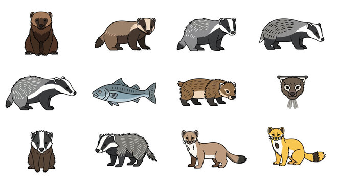 Diverse badger and mustelid animal icon set.