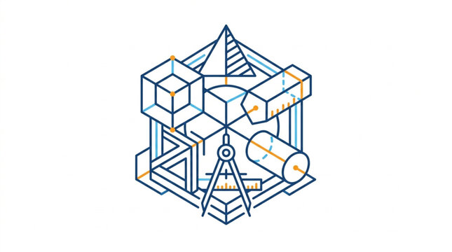 Isometric geometric construction with tools and shapes.