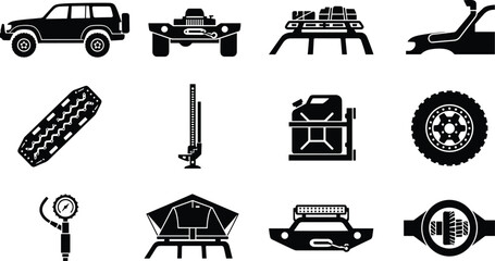 Offroad overland vehicle accessories and 4x4 expedition equipment solid glyph icon set with recovery gear truck modification vector illustration style © Abdur
