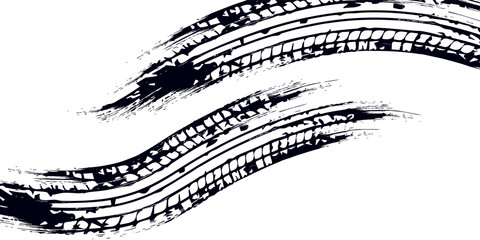 Obraz premium Grunge tire track, wheel braking marks. Truck, car or motorcycle tread pattern silhouette. Auto race, motorsport, speed racing design element. Vector illustration