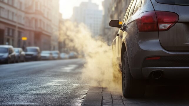 Thick exhaust smoke rising from a car tailpipe on a city street. Environmental air pollution concept