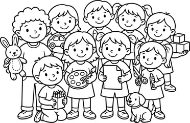 Fototapeta premium Happy children playing with toys and art supplies a delightful line art illustration of childhood activities