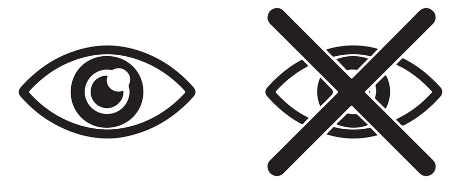 Eye icon and eye with crossed out symbol graphic design isolated on checkered background.