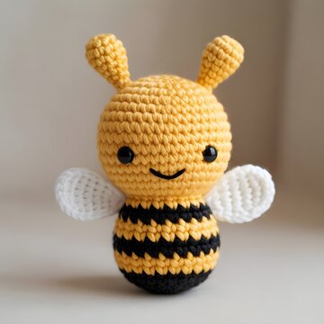 Peque&ntilde;a abeja de juguete hecha a ganchillo estilo amigurumi de color amarillo y negro sobre fondo neutro