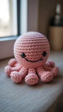 Pulpito de juguete amigurumi tejido a ganchillo de color rosa sobre el alf&eacute;izar de una ventana con fondo difuminado