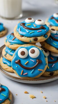 Pila de galletas decoradas con glaseado azul, caras sonrientes y chispas de colores en un plato junto a un vaso de leche