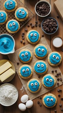 Galletas caseras decoradas como simp&aacute;ticos monstruos azules junto a sus ingredientes en una mesa de madera