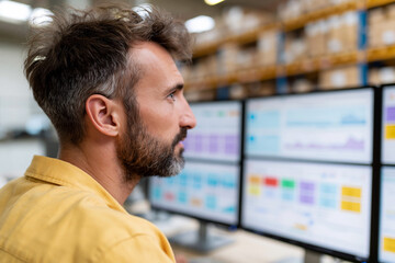 Fototapeta premium Man with beard watches data screens in warehouse. Yellow shirt contrasts with blurred shelves behind. Focus on analytics, planning, and decision-making