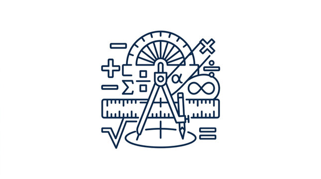 Mathematical compass and protractor with equations and symbols.