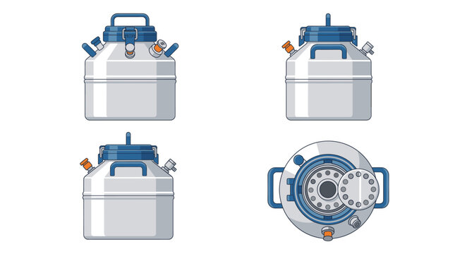 Cryogenic storage tank laboratory vessel with front side rear and top views vector illustration
