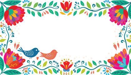Fototapeta premium Floral Frame with Whimsical Birds and Colorful Botanical Decorations for Festive Seasonal Design Projects