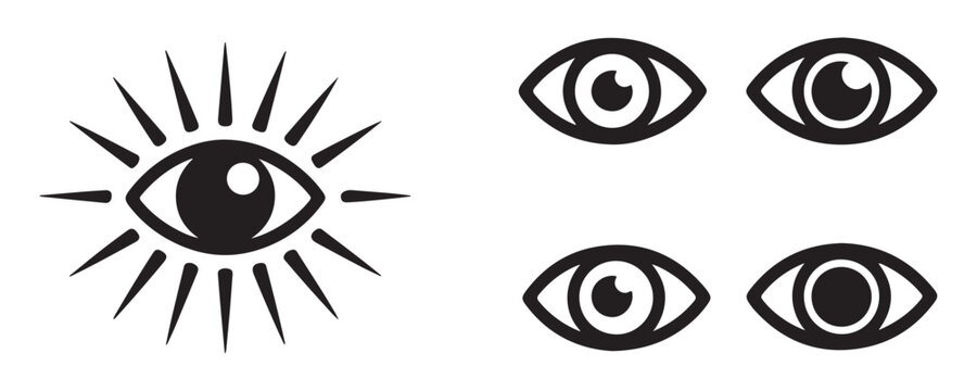 Eyes and occult symbol with transparent background, black and white set of design elements for various uses.